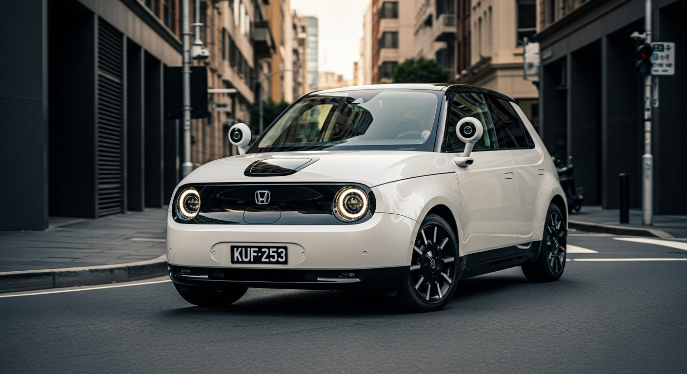 A white Honda e electric vehicle driving down a tight, modern urban street.